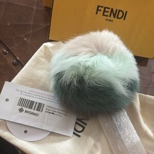 Fendi Green and White Fox Fur Pom Pom Keychain Bag Charm NWT